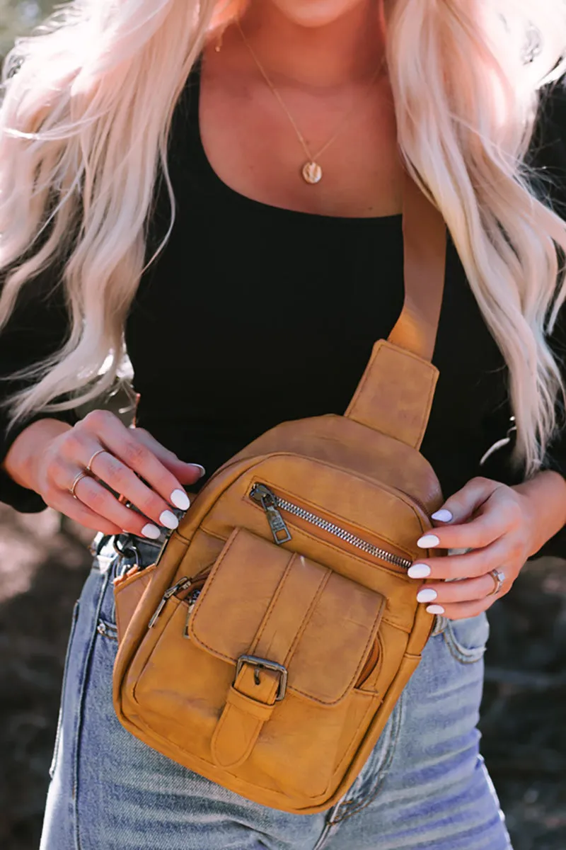 PREORDER! ETA 3/21 Khaki Faux Leather Multi Pocket Sling Bag  **SHIPPING EXPECTED TO BEGIN ON DATE 3/21**