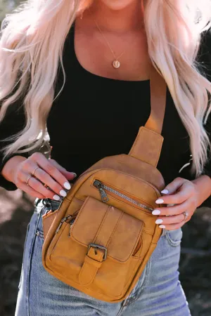 PREORDER! ETA 3/21 Khaki Faux Leather Multi Pocket Sling Bag  **SHIPPING EXPECTED TO BEGIN ON DATE 3/21**