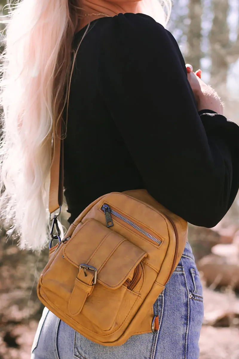 PREORDER! ETA 3/21 Khaki Faux Leather Multi Pocket Sling Bag  **SHIPPING EXPECTED TO BEGIN ON DATE 3/21**