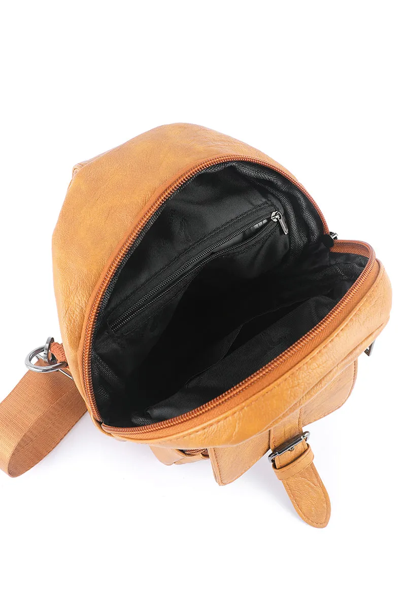 PREORDER! ETA 3/21 Khaki Faux Leather Multi Pocket Sling Bag  **SHIPPING EXPECTED TO BEGIN ON DATE 3/21**