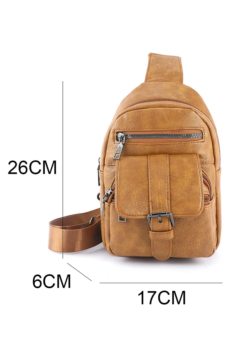 PREORDER! ETA 3/21 Khaki Faux Leather Multi Pocket Sling Bag  **SHIPPING EXPECTED TO BEGIN ON DATE 3/21**