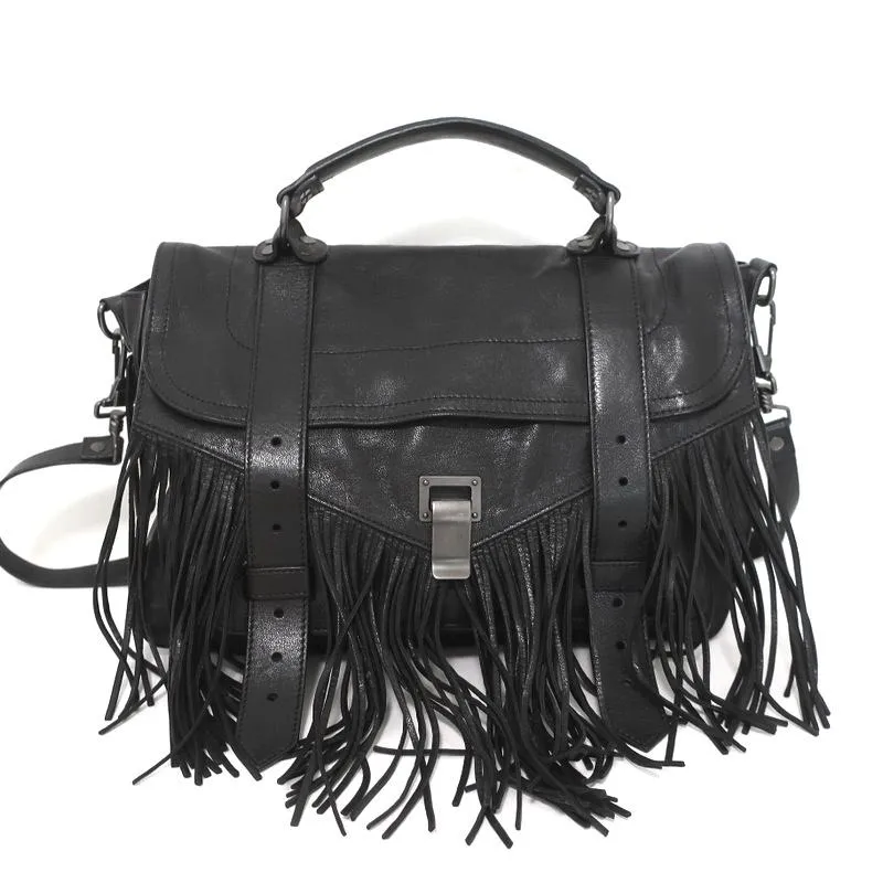 Proenza Schouler PS1 Medium Fringe Bag Black Leather Crossbody Satchel