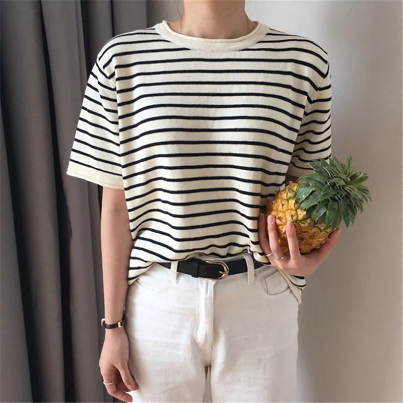 "SIMPLE BLACK WHITE STRIPED KNITTED" T-SHIRT N032307