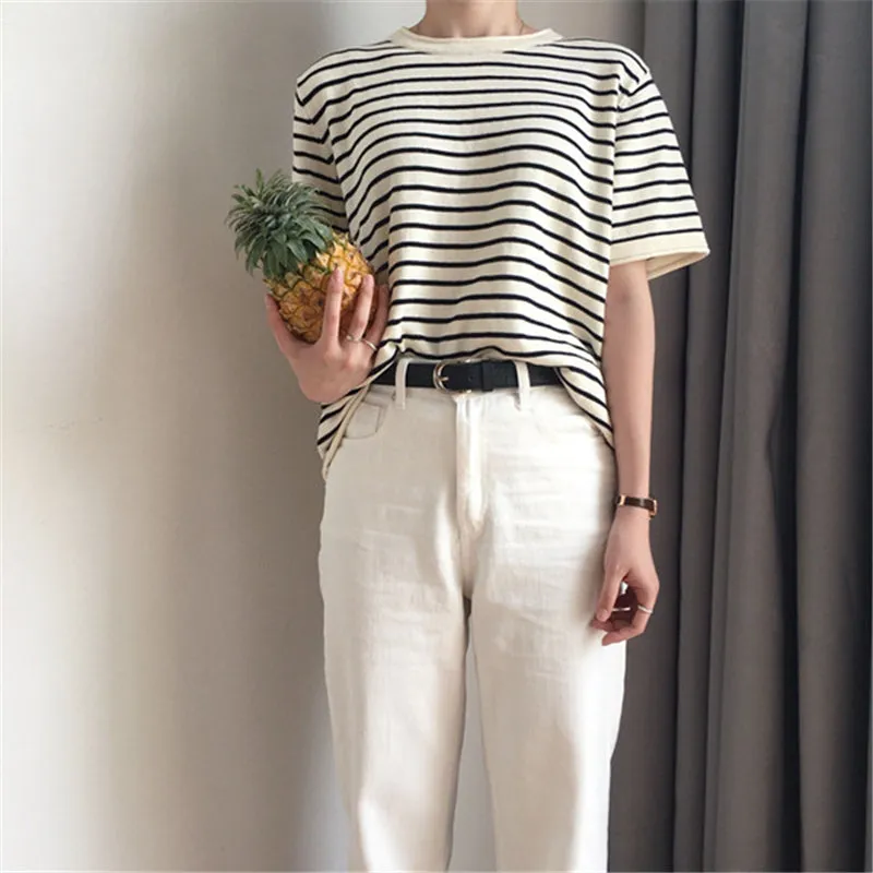 "SIMPLE BLACK WHITE STRIPED KNITTED" T-SHIRT N032307