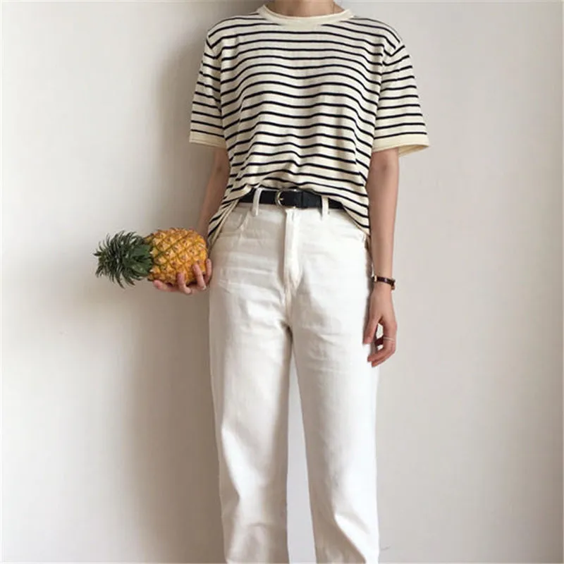 "SIMPLE BLACK WHITE STRIPED KNITTED" T-SHIRT N032307