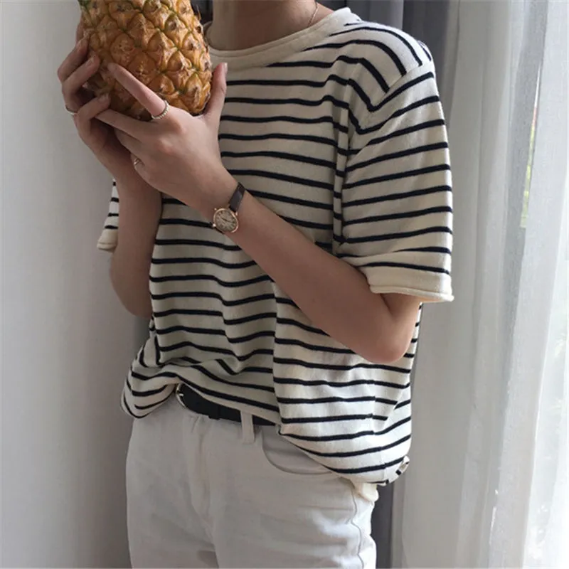 "SIMPLE BLACK WHITE STRIPED KNITTED" T-SHIRT N032307
