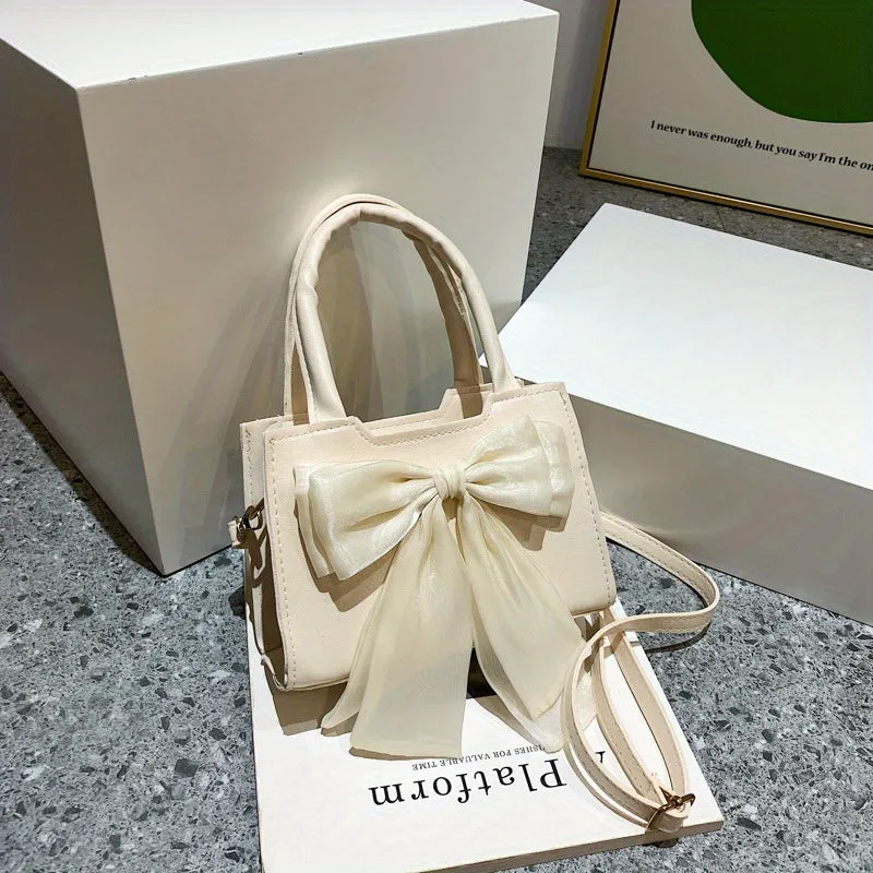 realaiot  Bow Decor Handbags For Women, Fashion Square Crossbody Bag, Mini Top Handle Satchel Purse
