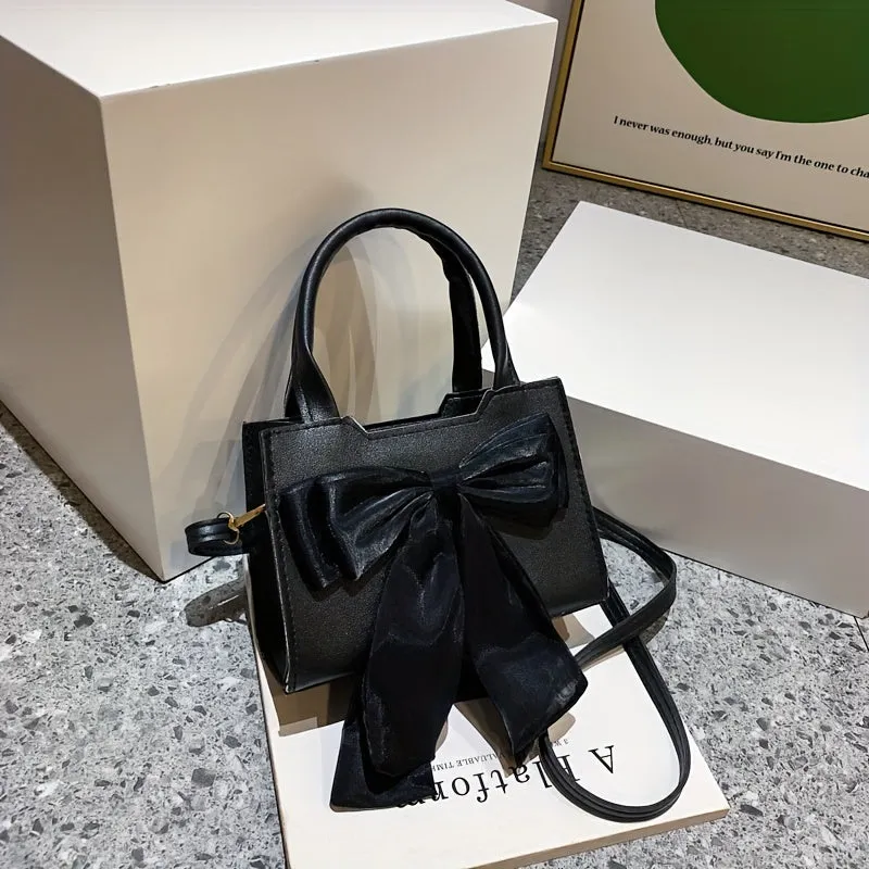 realaiot  Bow Decor Handbags For Women, Fashion Square Crossbody Bag, Mini Top Handle Satchel Purse