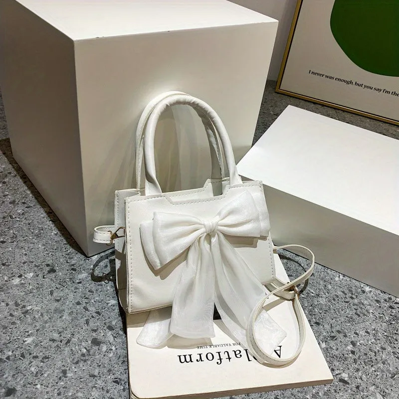 realaiot  Bow Decor Handbags For Women, Fashion Square Crossbody Bag, Mini Top Handle Satchel Purse