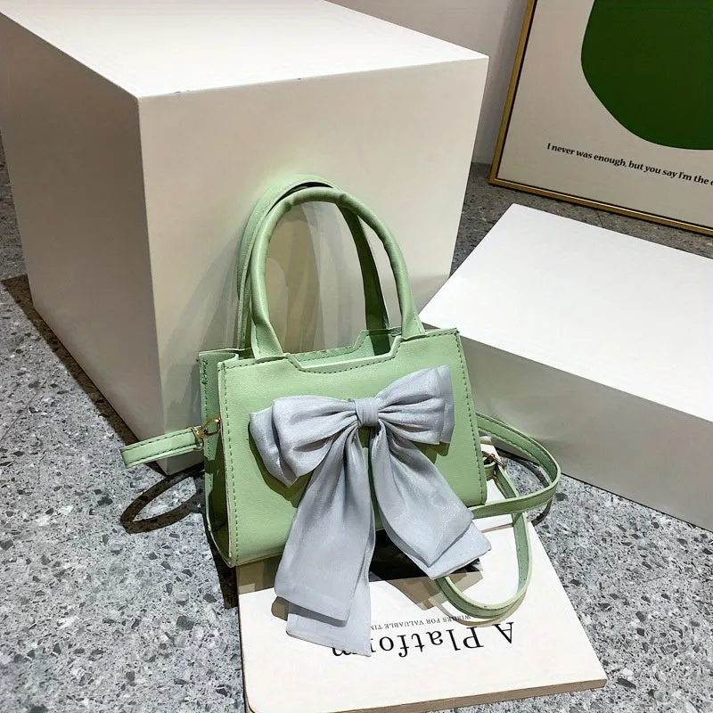 realaiot  Bow Decor Handbags For Women, Fashion Square Crossbody Bag, Mini Top Handle Satchel Purse