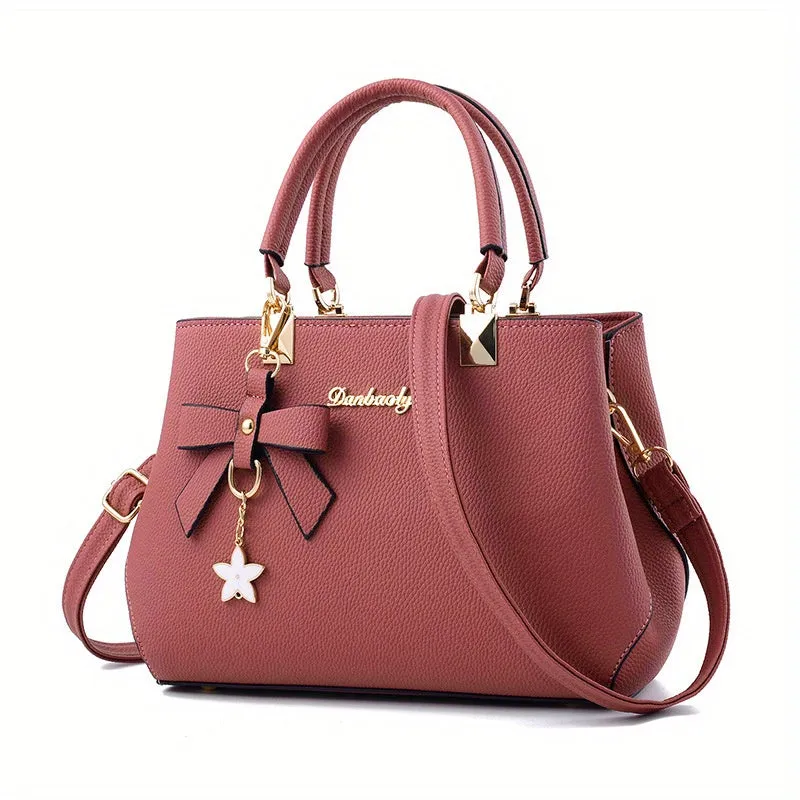 realaiot  Bowknot Decor Handbags For Women, Fashion Faux Leather Crossbody Bag, Double Handle Satchel Purses
