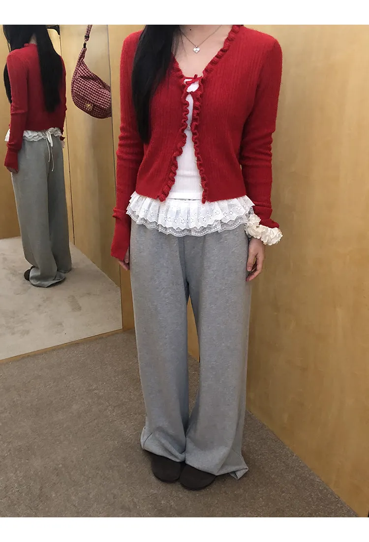 red V-neck cardigan