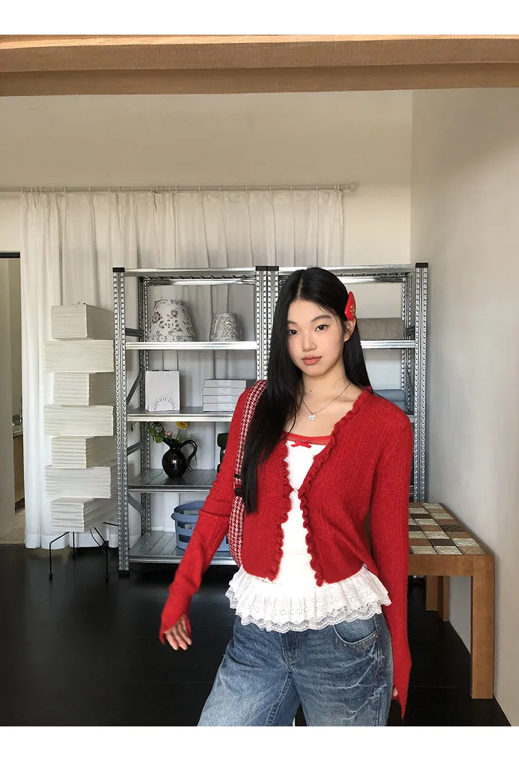 red V-neck cardigan