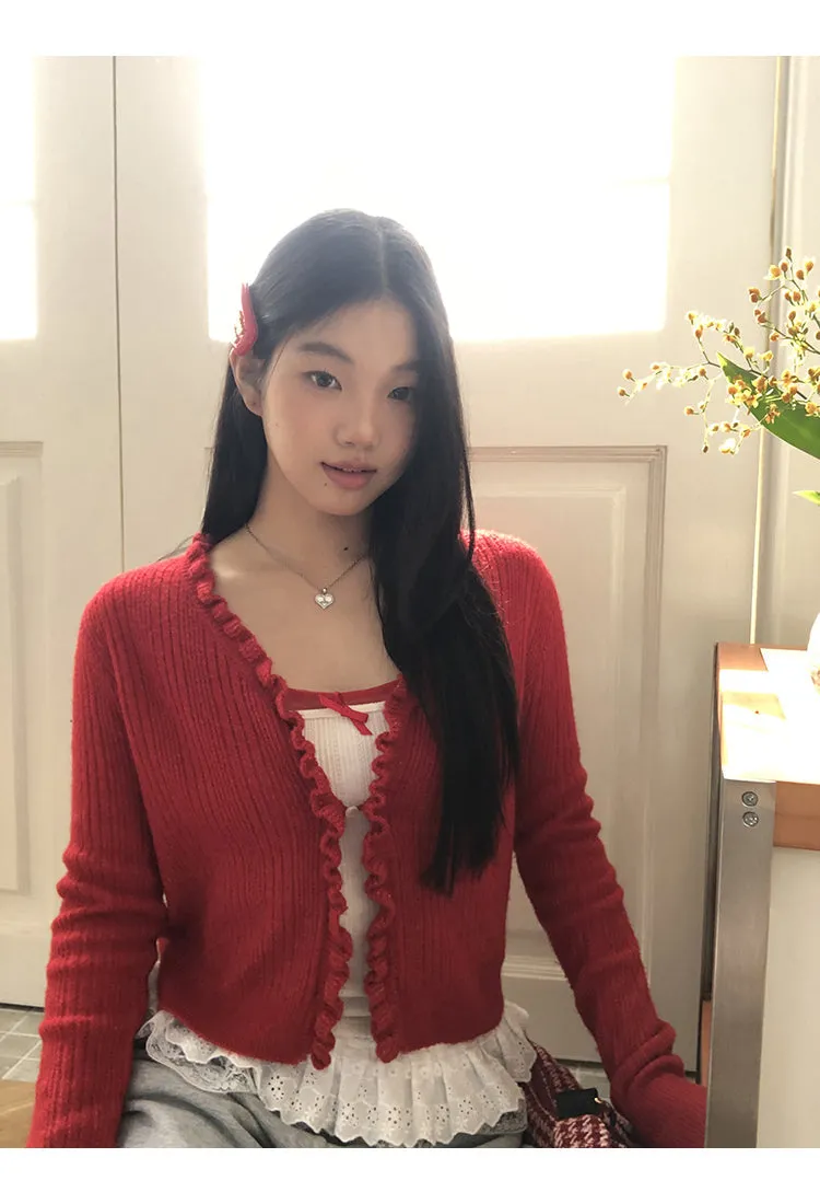 red V-neck cardigan