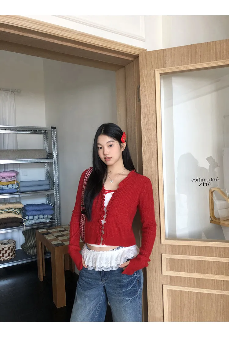 red V-neck cardigan
