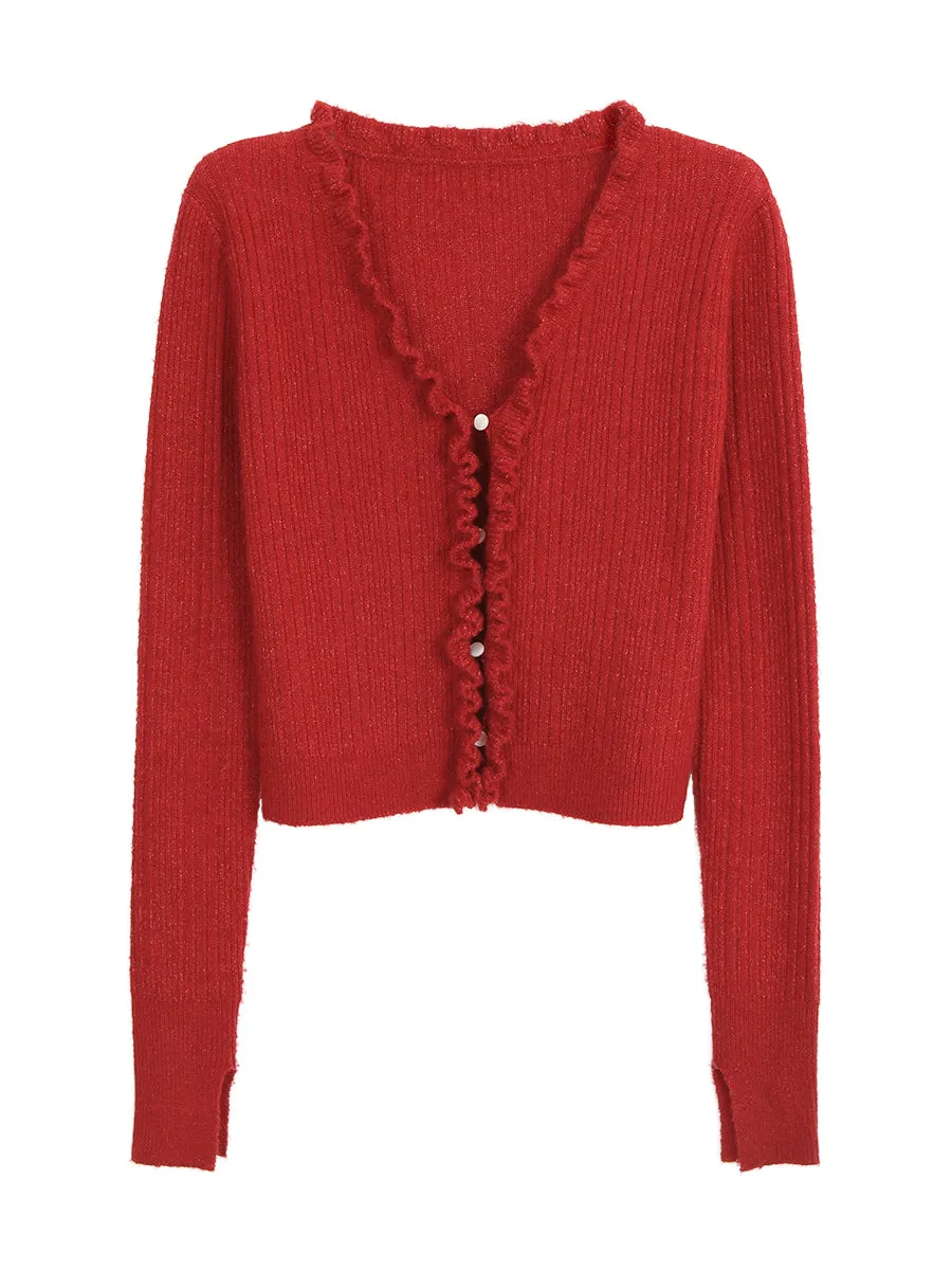 red V-neck cardigan