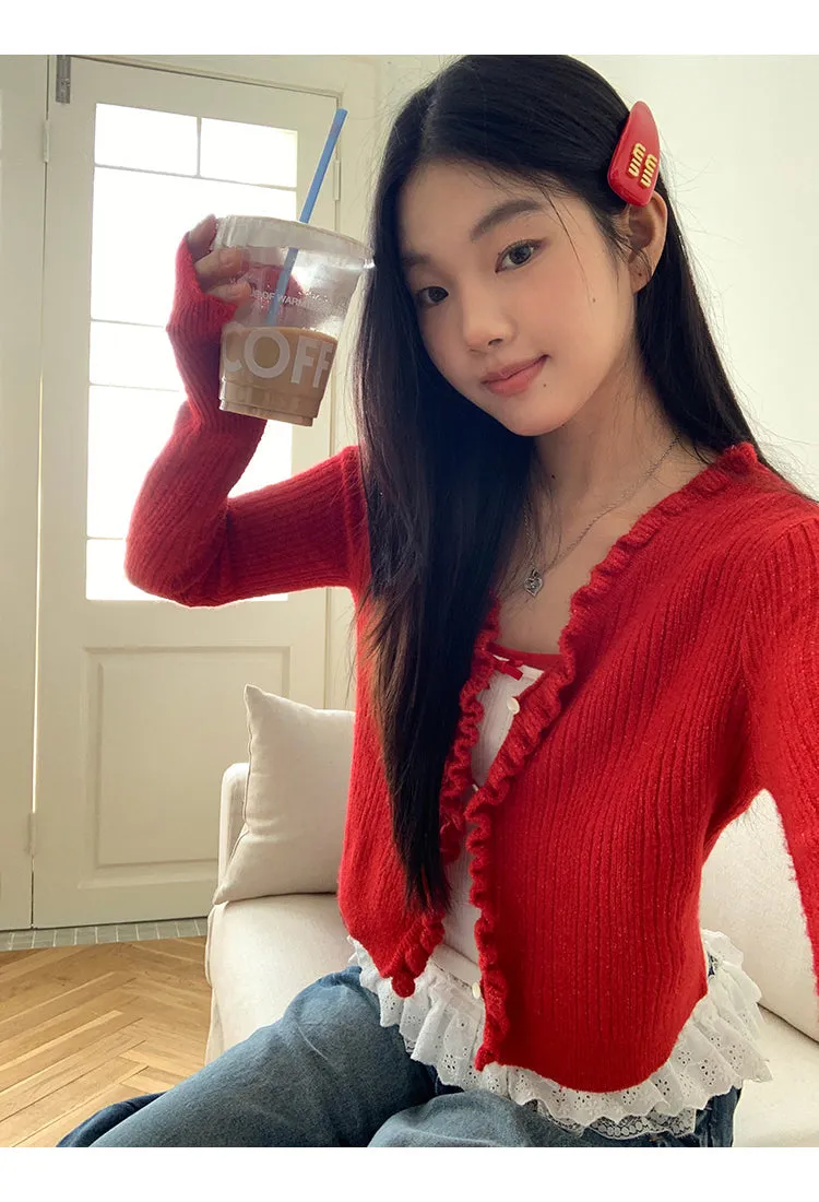 red V-neck cardigan