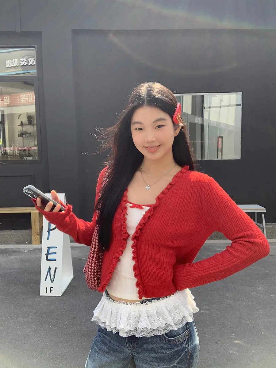 red V-neck cardigan