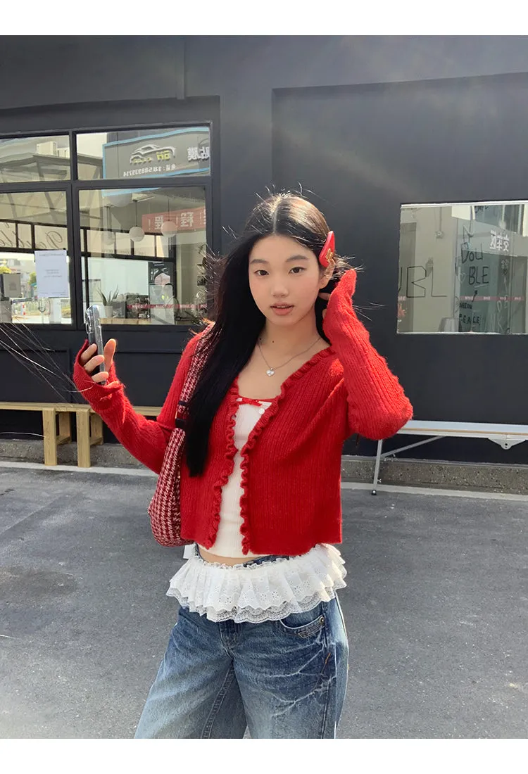 red V-neck cardigan