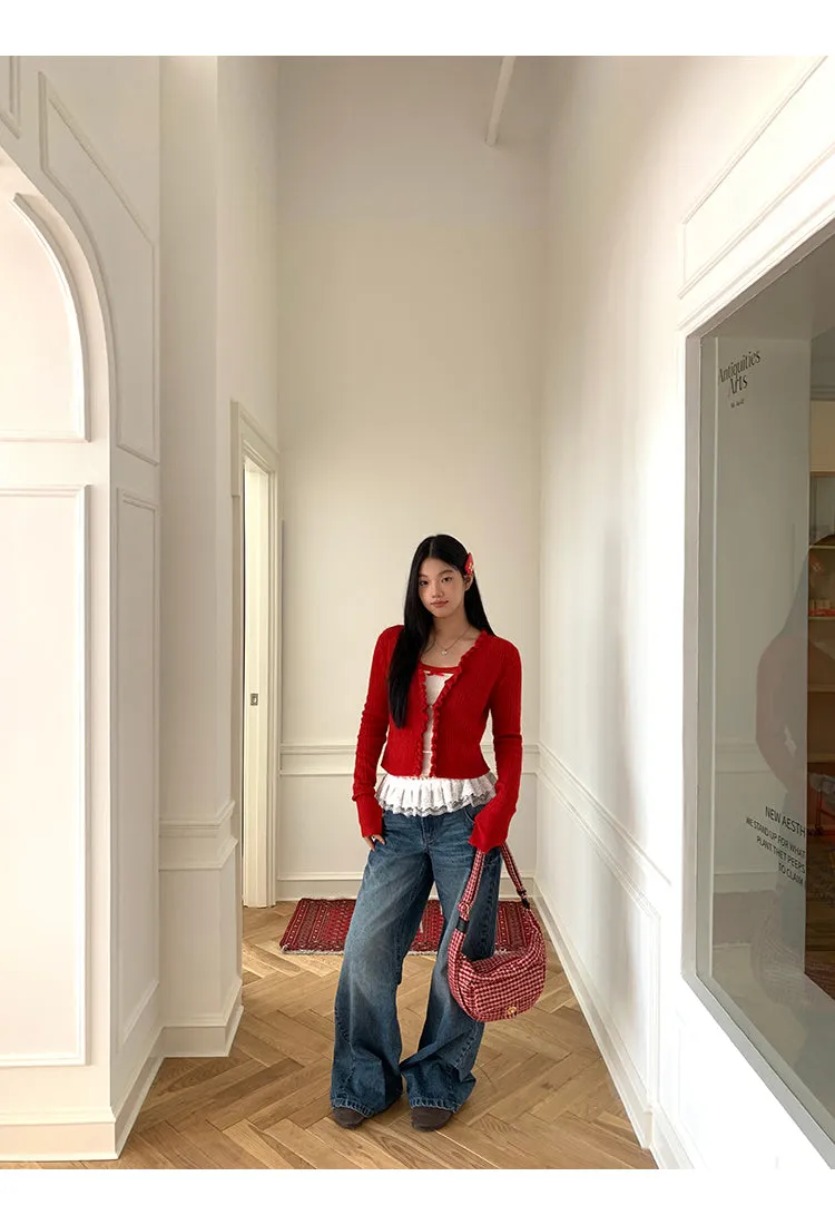red V-neck cardigan
