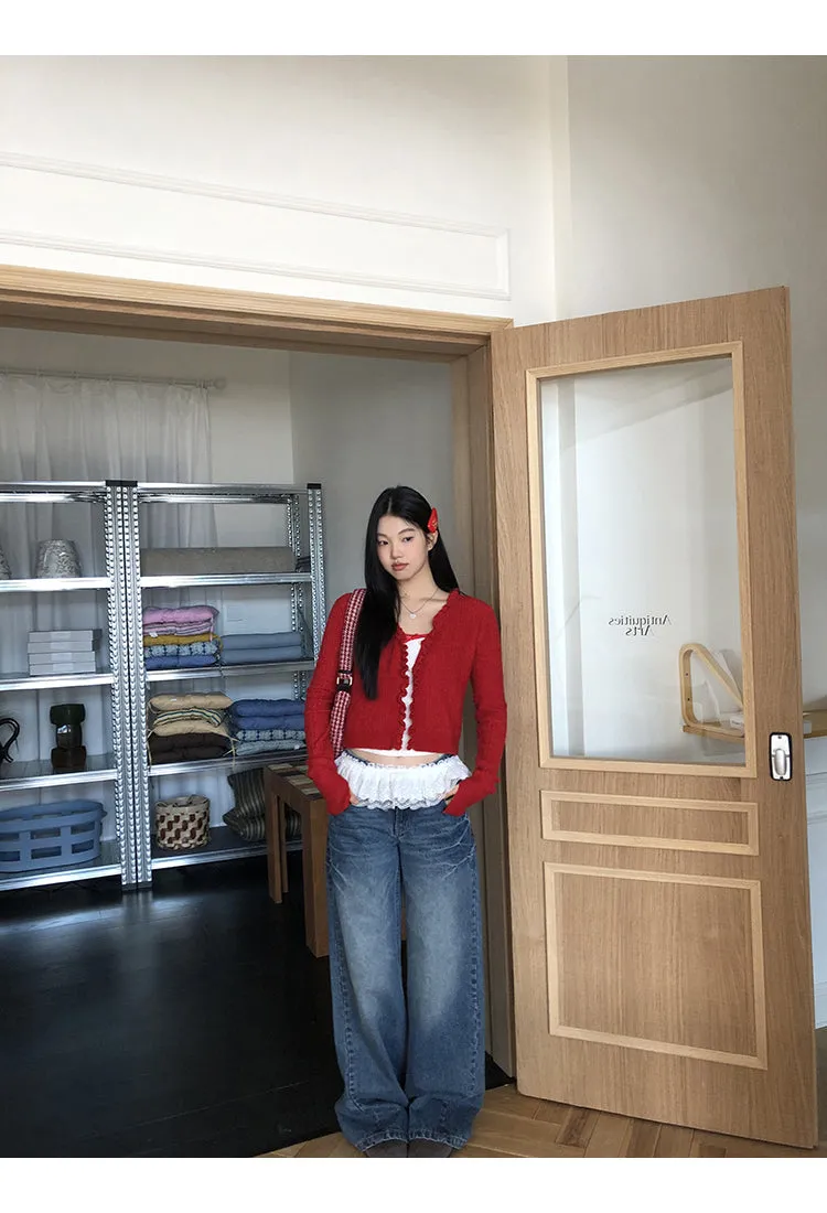 red V-neck cardigan