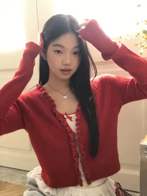 red V-neck cardigan