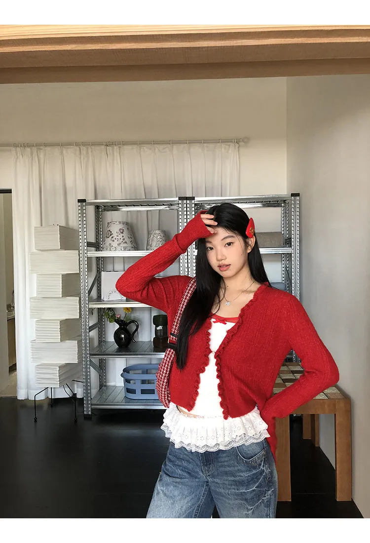 red V-neck cardigan