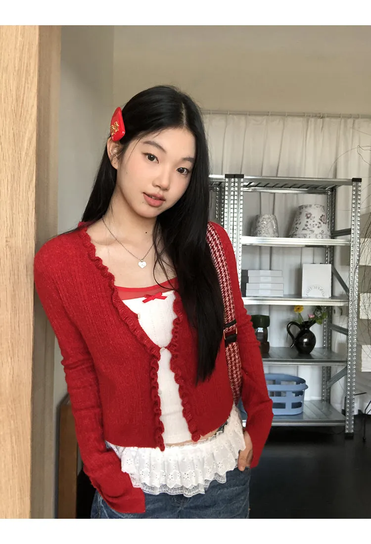 red V-neck cardigan