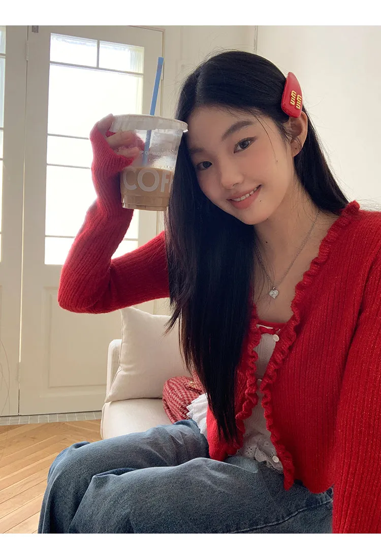 red V-neck cardigan