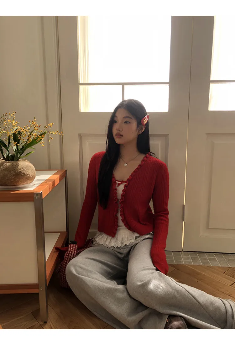 red V-neck cardigan