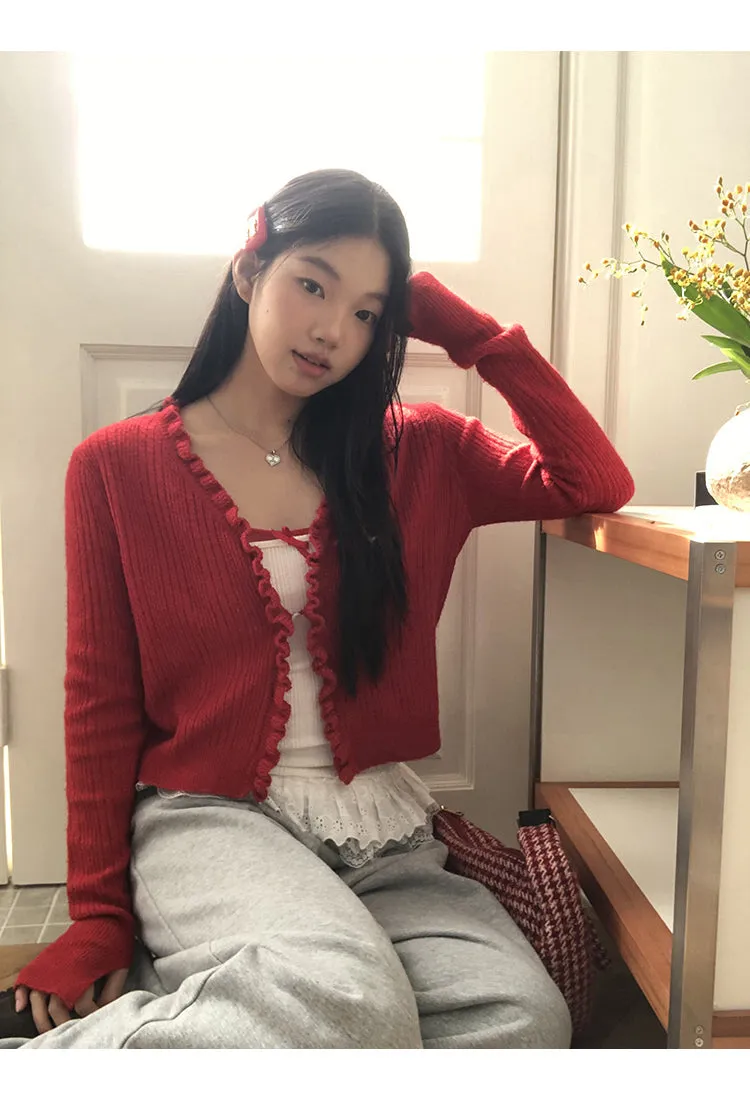 red V-neck cardigan
