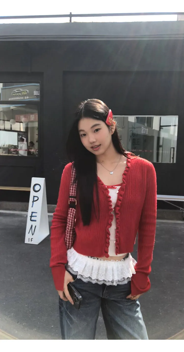 red V-neck cardigan