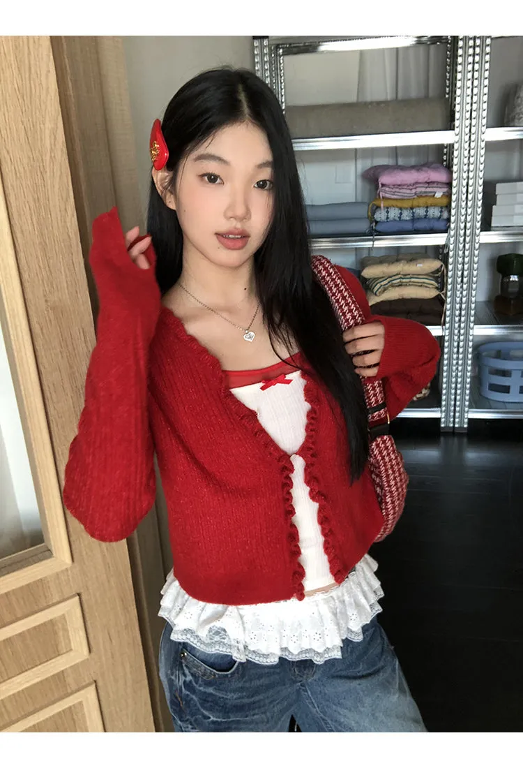 red V-neck cardigan