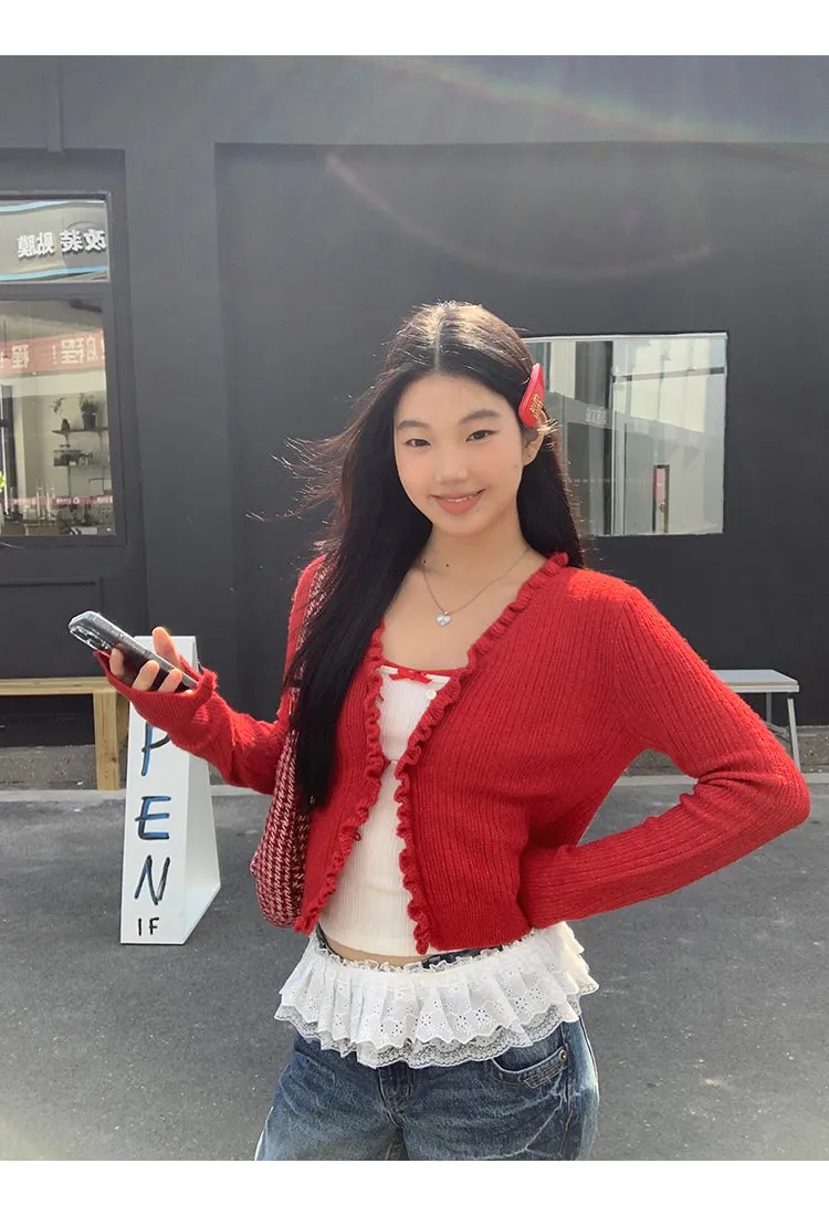 red V-neck cardigan