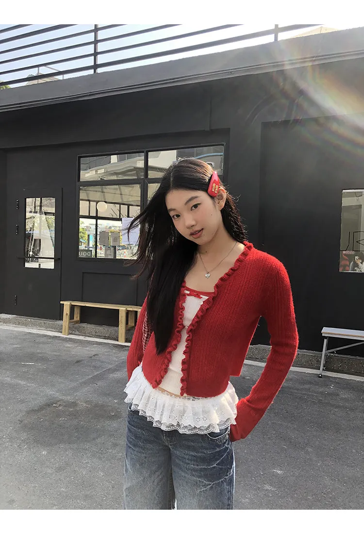 red V-neck cardigan
