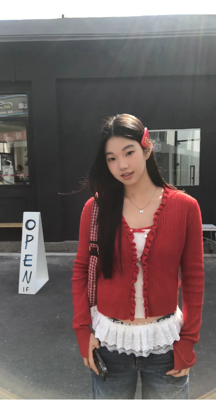 red V-neck cardigan