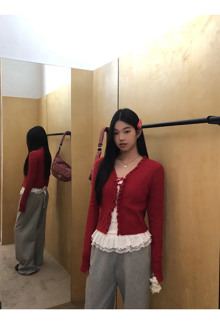 red V-neck cardigan
