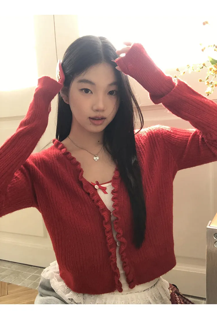 red V-neck cardigan