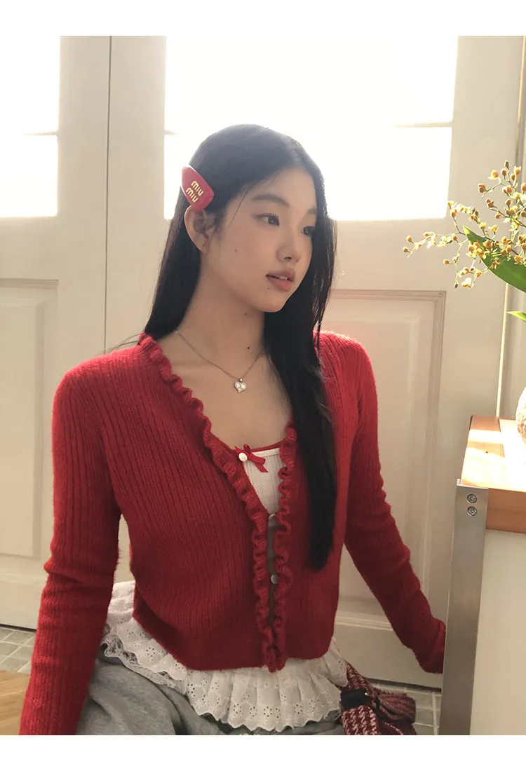 red V-neck cardigan