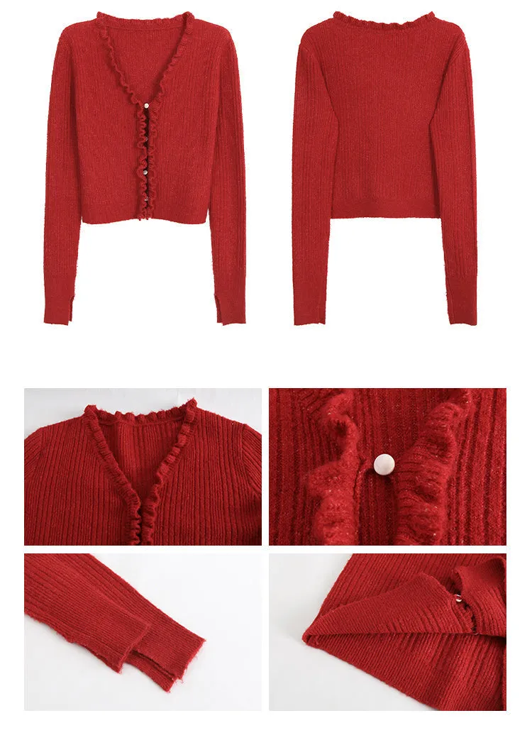 red V-neck cardigan