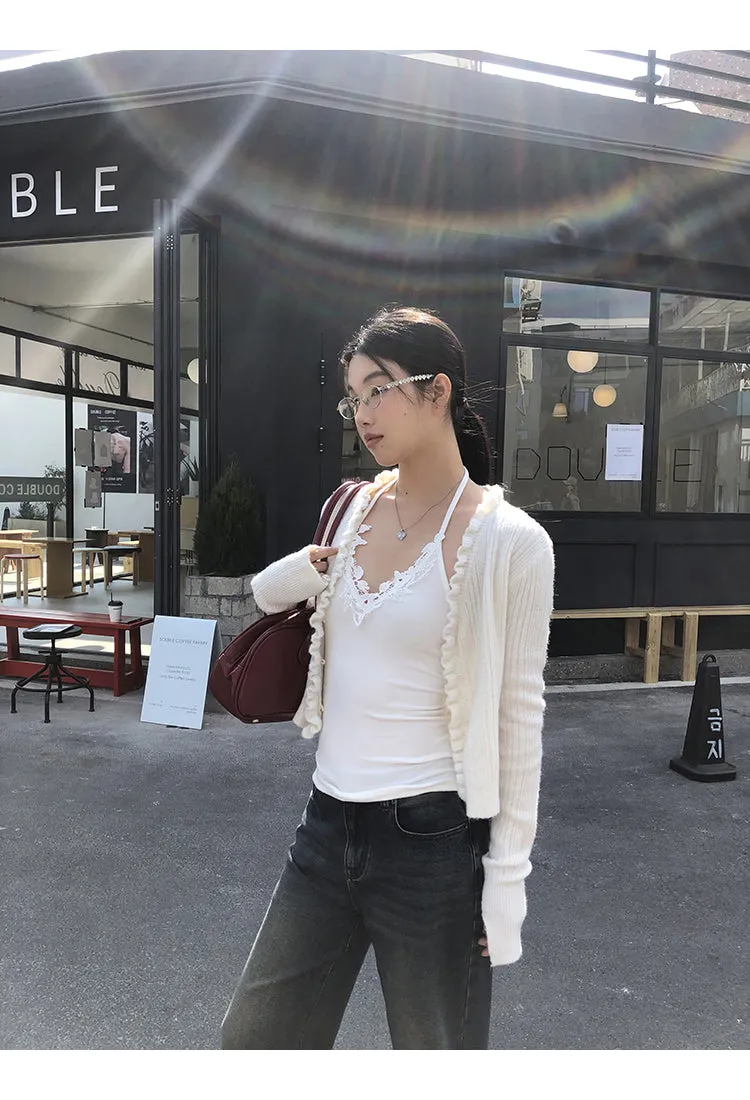 red V-neck cardigan