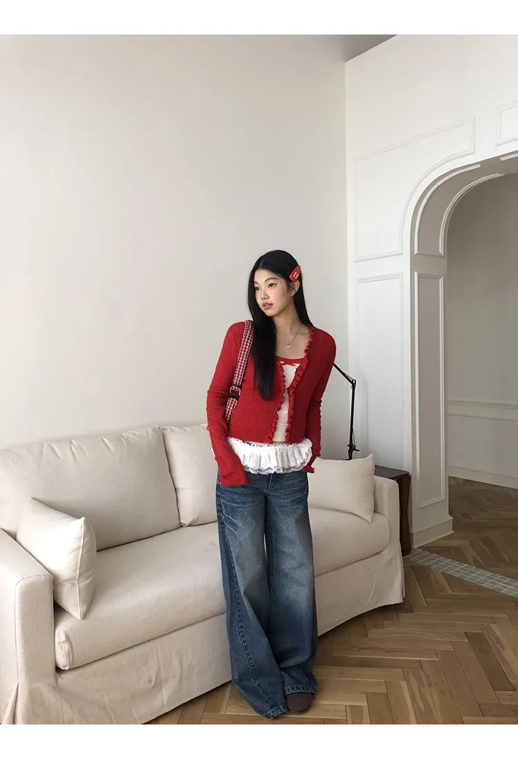 red V-neck cardigan