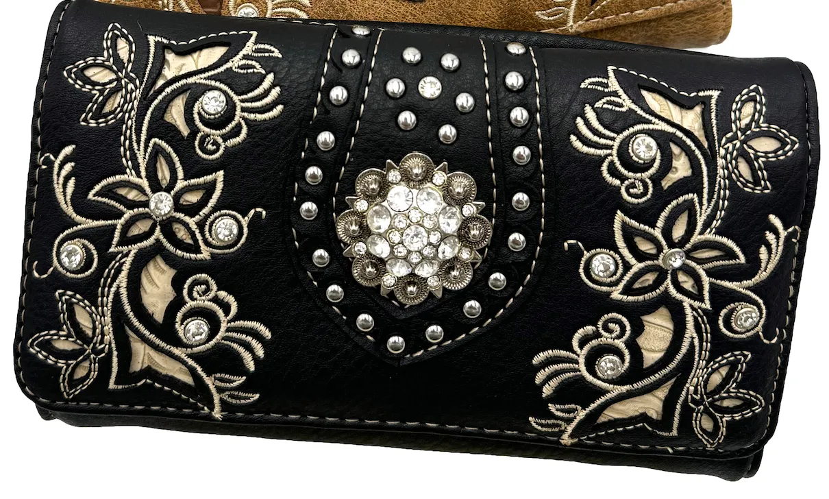 Rhinestone Concho Floral Crossbody Wallet: Black