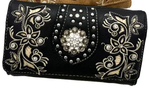 Rhinestone Concho Floral Crossbody Wallet: Black