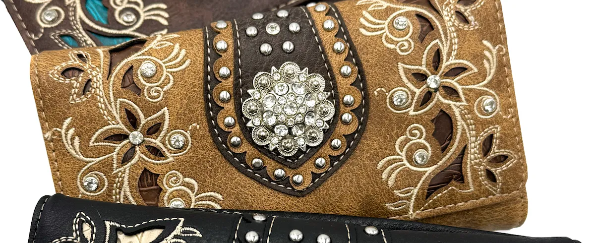 Rhinestone Concho Floral Crossbody Wallet: Black