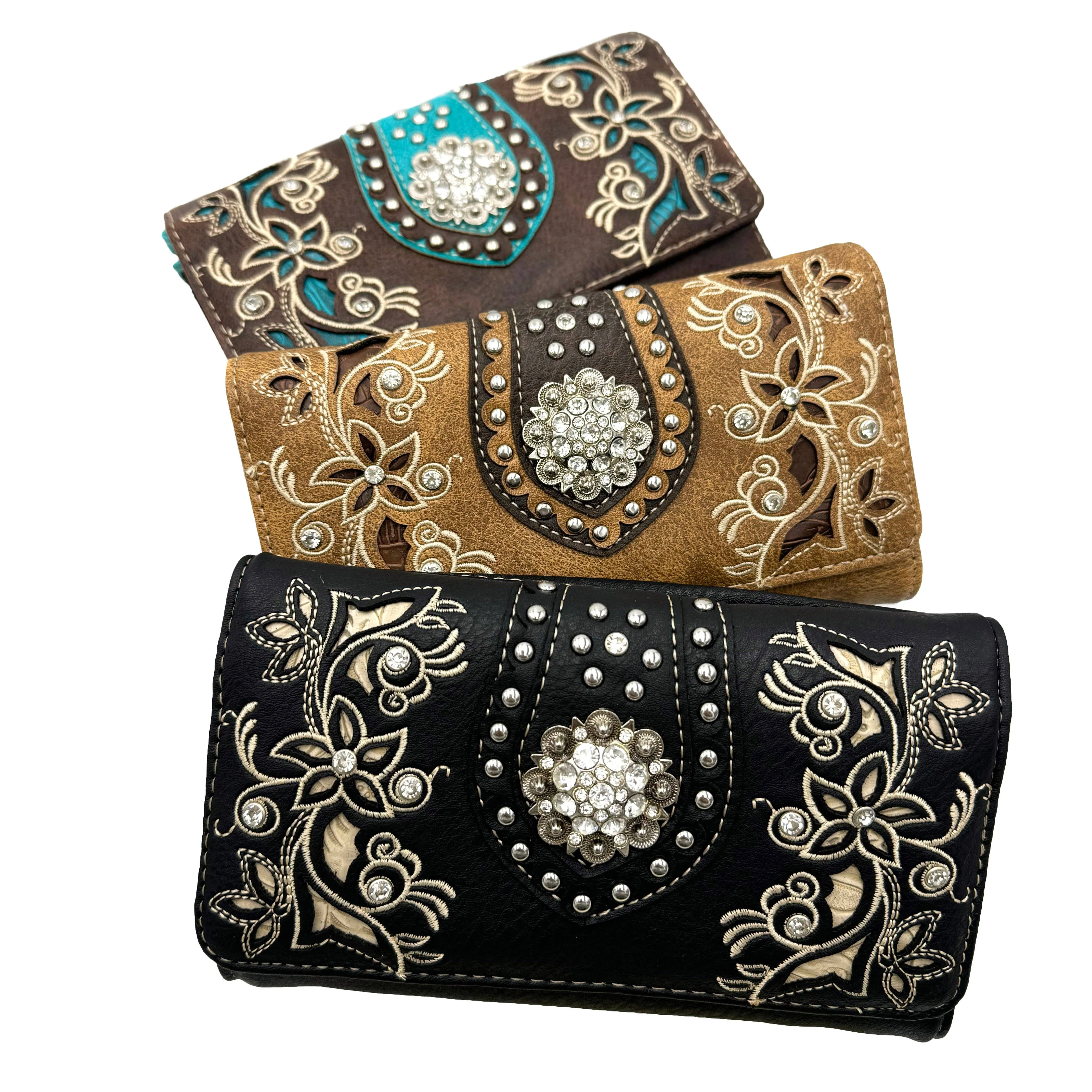 Rhinestone Concho Floral Crossbody Wallet: Black