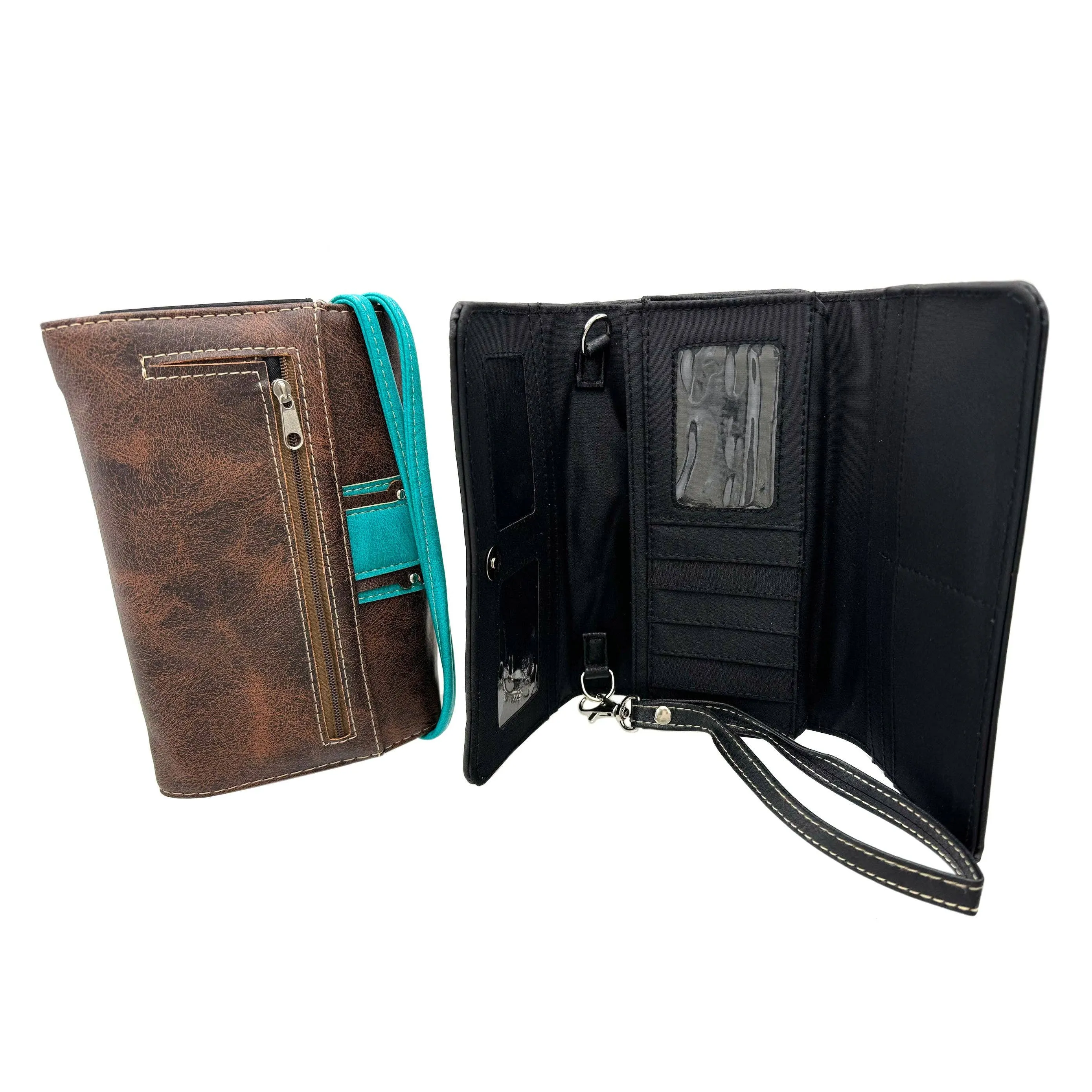 Rhinestone Concho Floral Crossbody Wallet: Black