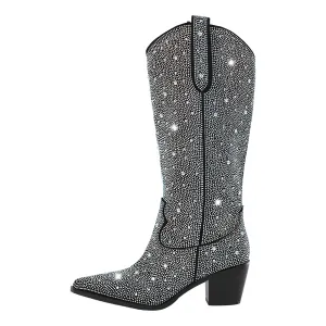 Rhinestone Pointed Toe Knee High Western Boots