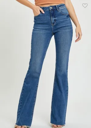 Risen High Rise Flare Raw Cut Hem Jeans