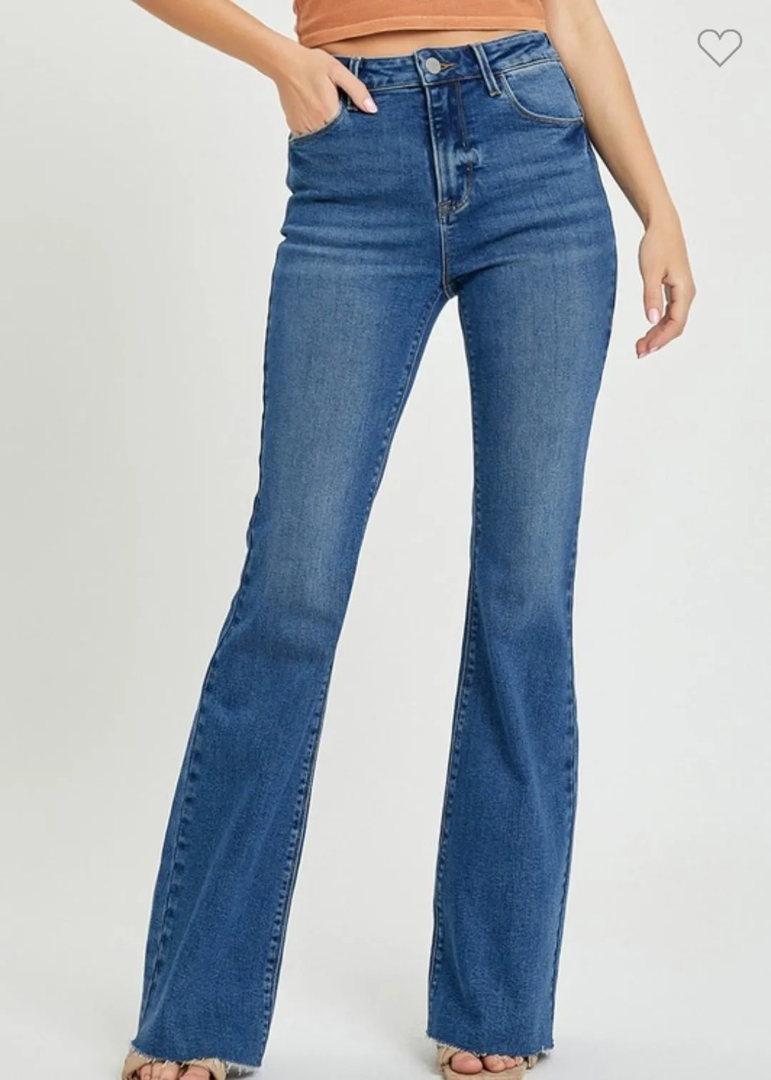 Risen High Rise Flare Raw Cut Hem Jeans